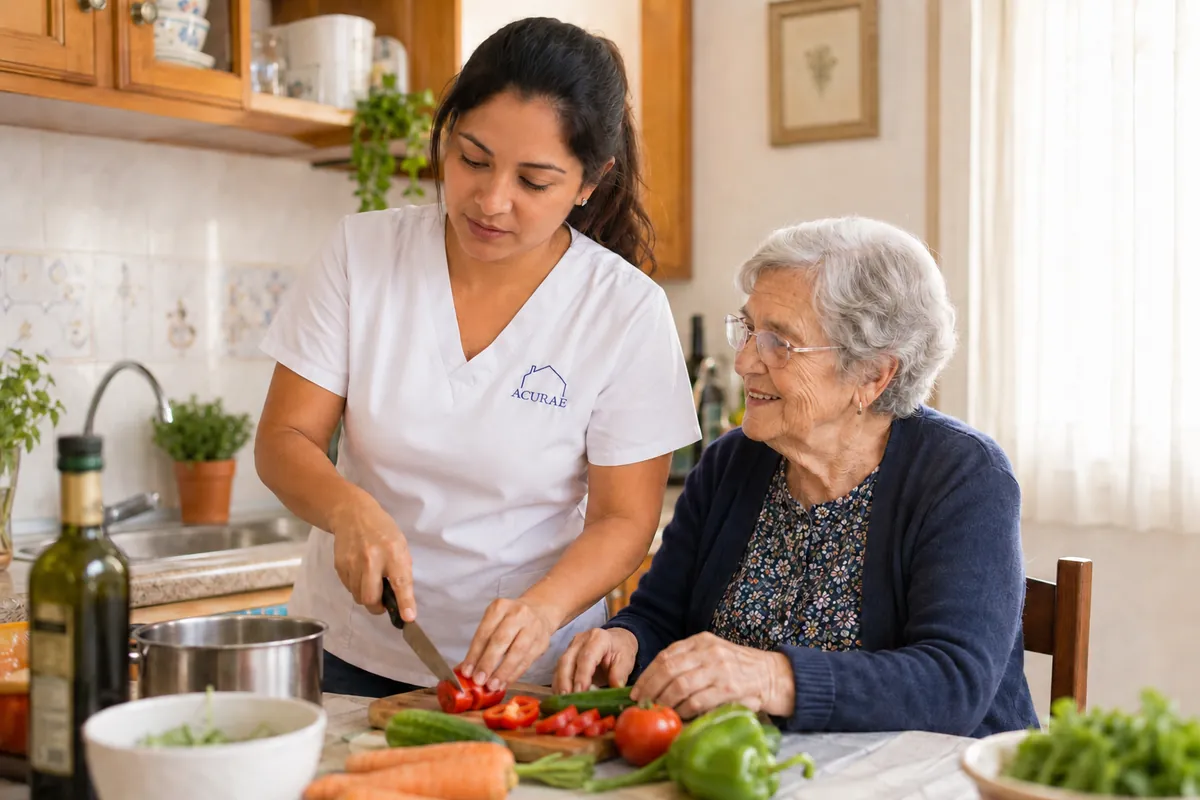 Cuidadora preparando comida casera junto a una persona mayor en Valencia