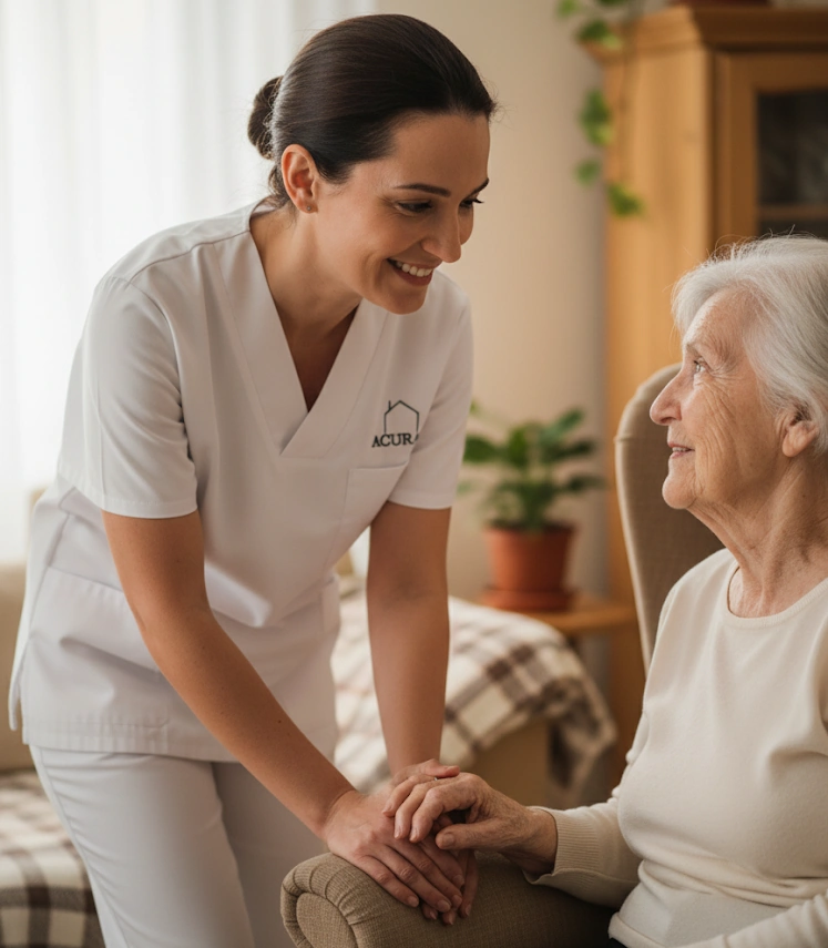 Trabajo de cuidadora de personas mayores a domicilio en Valencia cuidando dulcemente a anciana