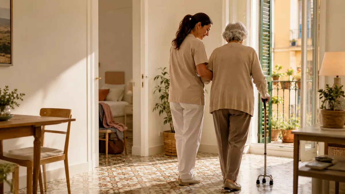 Cuidadora profesional atendiendo a persona mayor en su domicilio — Servicio de cuidados a domicilio en régimen de hogar, Acurae Valencia